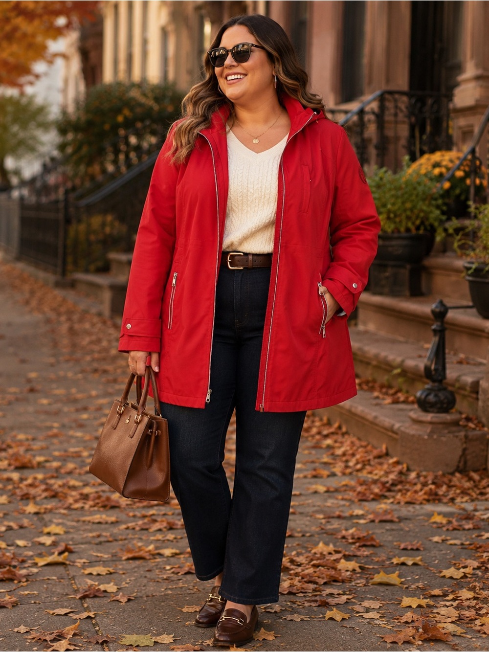 Tommy Hilfiger XL Red Hooded Fall Jacket Coat Zip Pockets Preppy